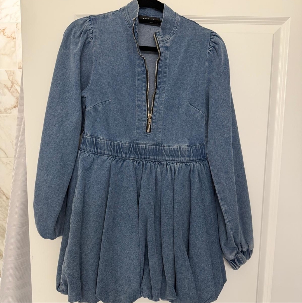 AKIRA Denim Bubble Mini Dress – Long Sleeve Zip Front, Gathered Skirt, Size M